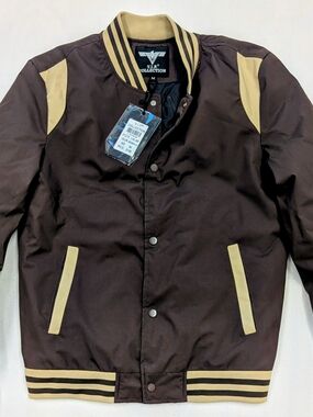 V.I.P. Collection Varsity Jacket Brown Khaki Striped Ribbed Trim NWT Men's M